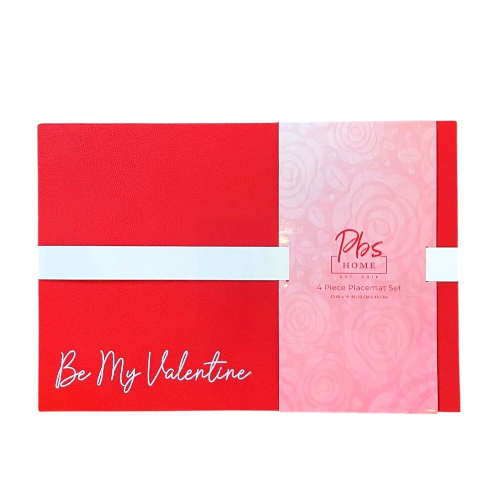 Faux Leather Valentines Day Placemats Red & White Embroidered 13x19 Set of 4 New
